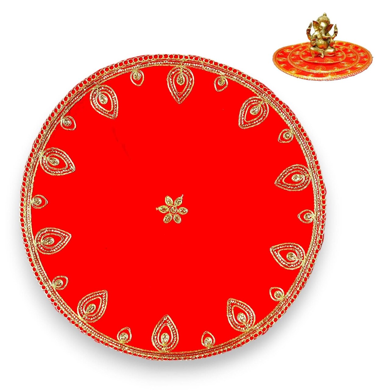 Red Velvet Pooja Mat Aasan Decorative Cloth for God Goddess Idol Puja Asan Mandir Temple Home Office Decor Base Chowki Indian Festival Diwali Decorations Item - Housewarming Gift